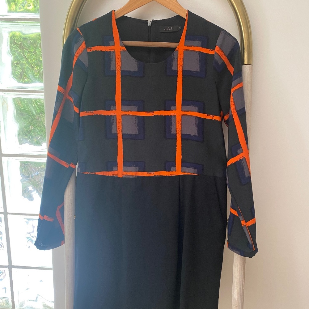 COS Multicolor Long Sleeves Blue Orange Midi Wool Zip Dress Turkey Size 34